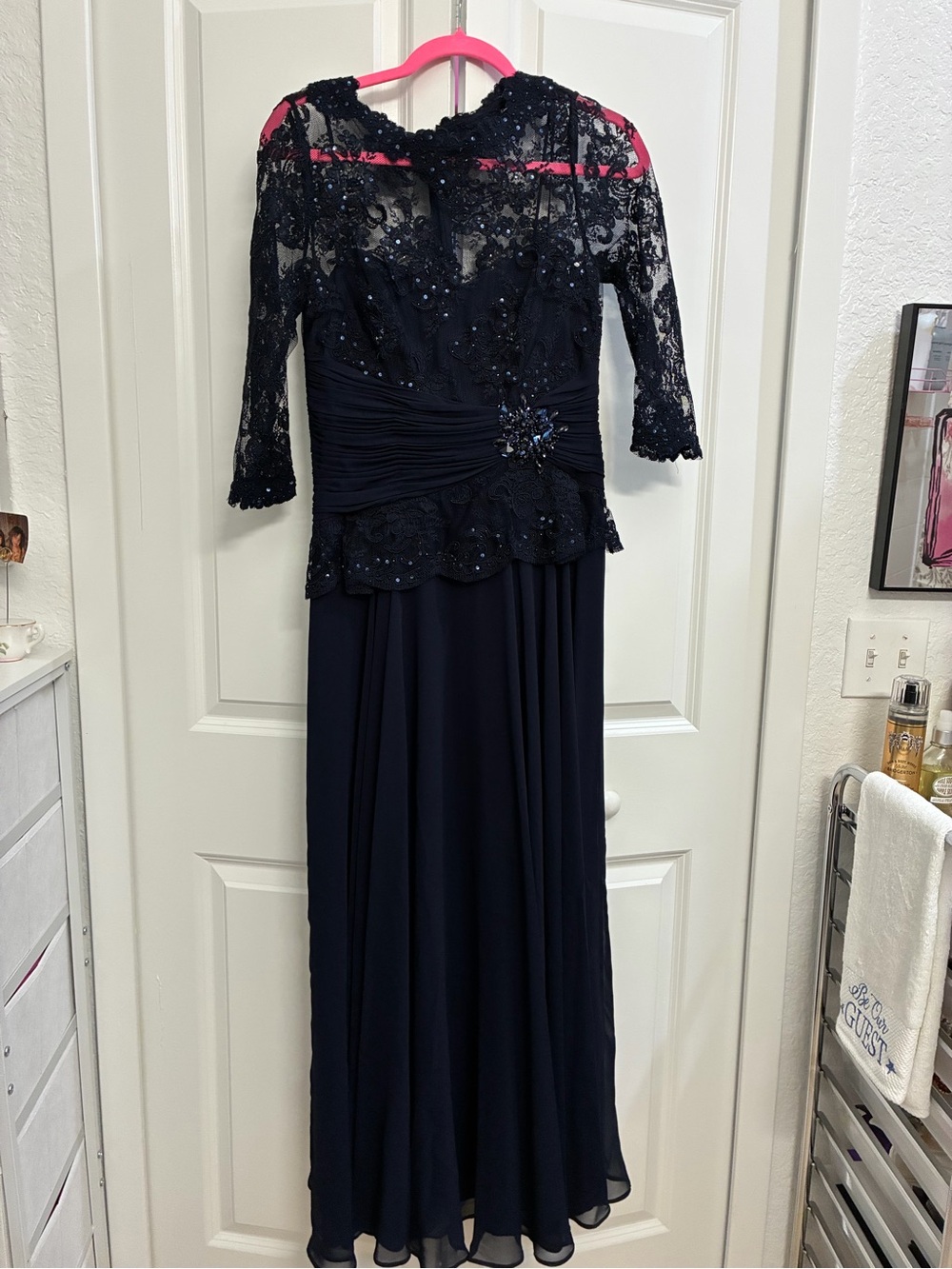 Teri Jon Navy Lace Embellished Long-Sleeve Evening Gown